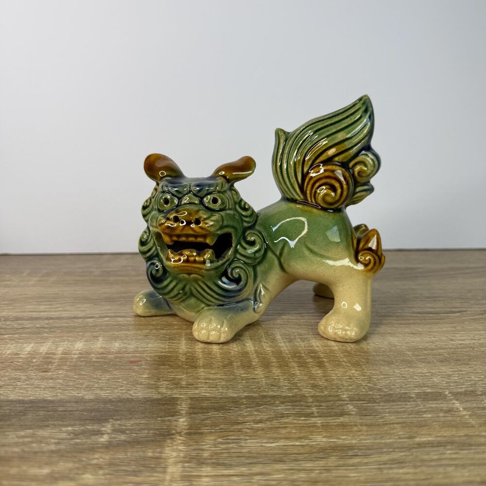 Vintage Foo Dog Blue Green Chinese Glazed Pottery Ceramic